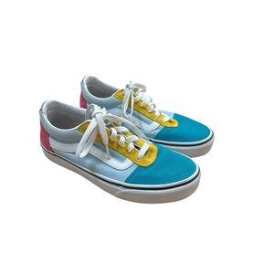 Vans Off the Wall Low-Top Lace-Up Sneakers in Teal, Yellow & Pink